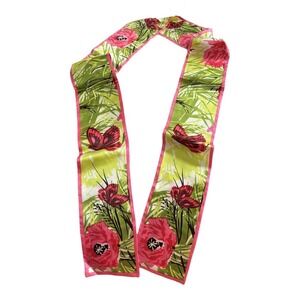 VTG 1960s MOD Bright Pink Green Long Silk Scarf Butterflies & Flower 4.25" x 66"